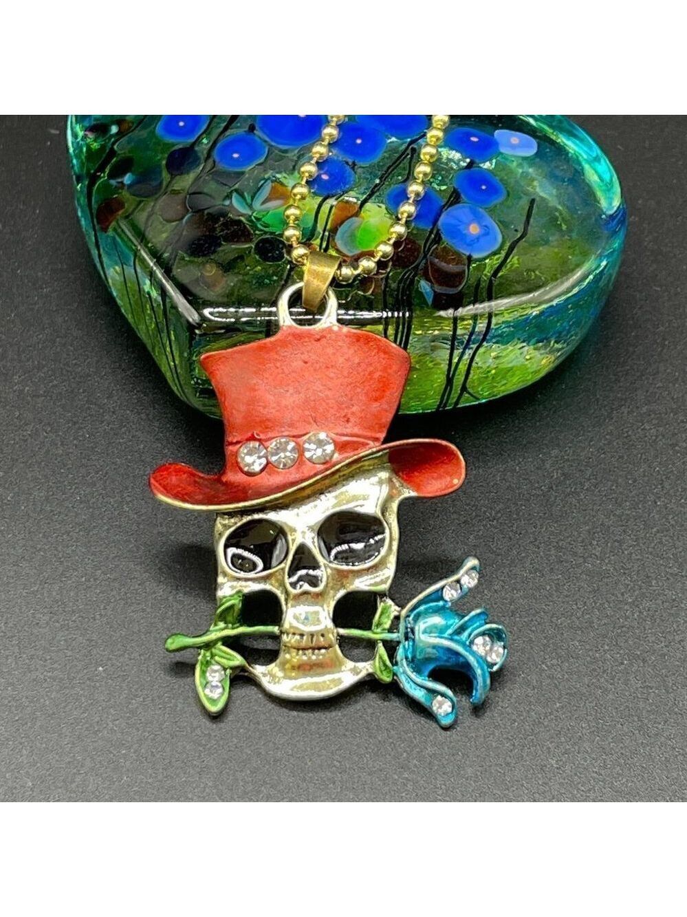 Grinning Skull with Rose and Top Hat Skeleton Necklace / Pendant #869 (red hat)